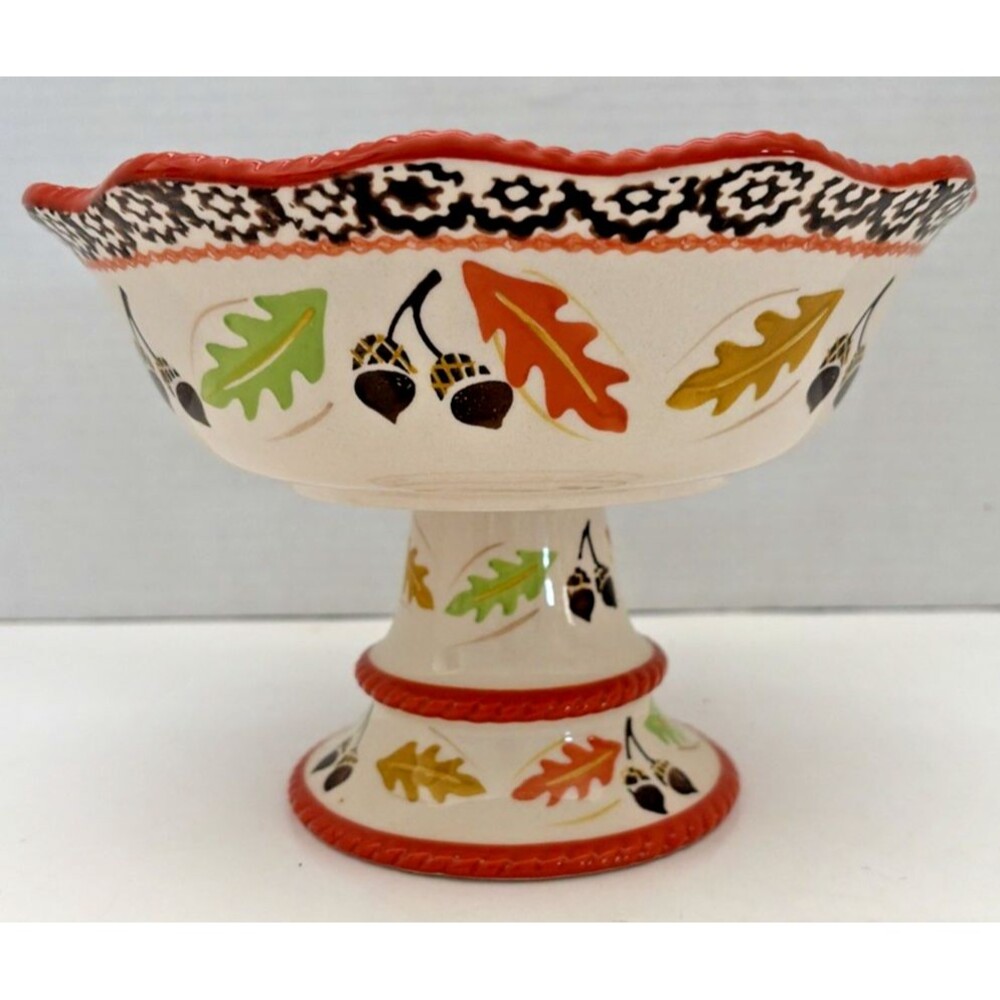 Temp-tations by Tara Old World Fall Harvest 4 QT Pedestal Bowl Leaves Acorns